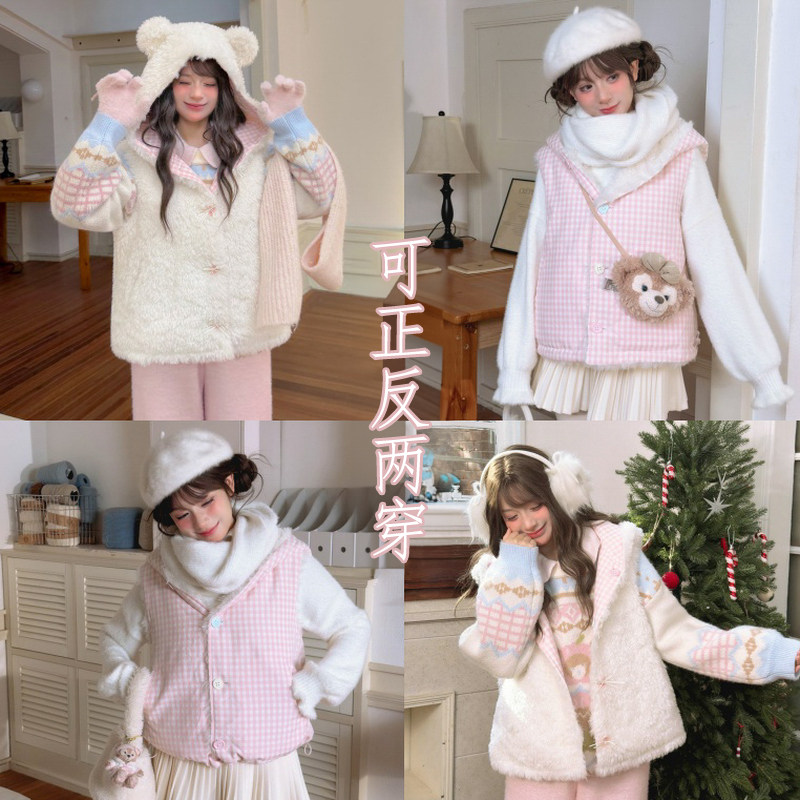 森女部落甜美风小熊双面穿设计感连帽马甲女新款宽松保暖外套冬季,淘宝优惠券,粉丝福利购,淘宝优惠卷