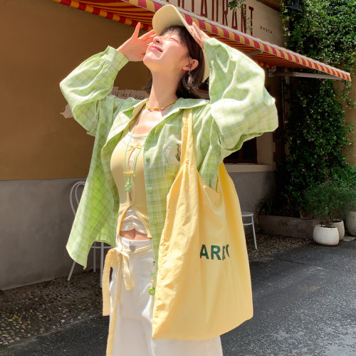 森女部落多巴胺绿色格子短袖衬衫女上衣夏2026款薄款防晒衬衣外套 - 图1