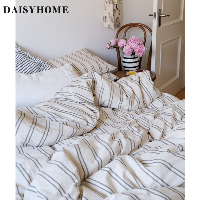 DAISYHOME自制中古绿条纹简约四件套纯棉水洗棉学生宿舍床单被套-图0