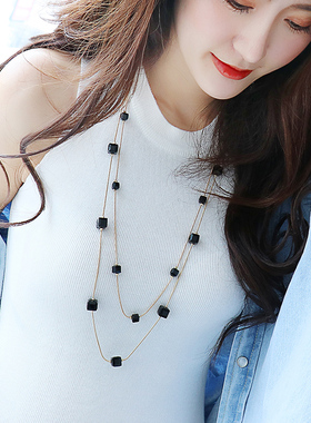 大气挂件双层黑色方块韩国毛衣链