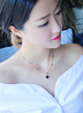 日韩风钛钢四叶草玫瑰金锁骨链