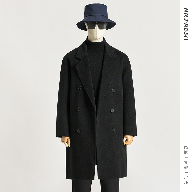 秋冬双面绵羊绒大衣男宽松落肩双排扣羊毛呢子外套反季中长款风衣 - 图2