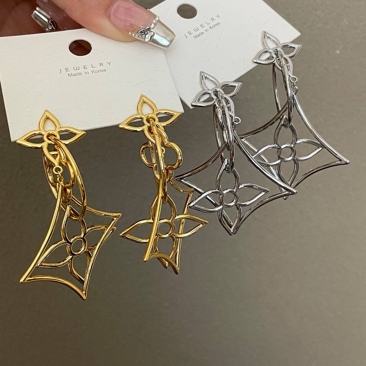 欧阳娜娜同款镂空铜丝花朵925银针高级夸张气质菱形耳坠耳饰,淘宝优惠券,粉丝福利购,淘宝优惠卷