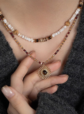 美拉德项链波西米亚串珠虎眼石女高级感复古美式个性百搭颈链配饰