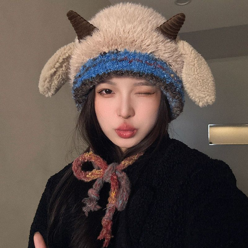 【按压会响】韩版可爱小羊保暖帽子女秋冬季护耳帽羊角针织套头帽,淘宝优惠券,粉丝福利购,淘宝优惠卷