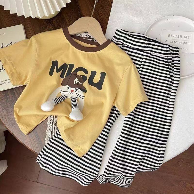 女童时髦夏季套装洋气2025新款宝宝卡通休闲条纹短袖喇叭裤套装,淘宝优惠券,粉丝福利购,淘宝优惠卷