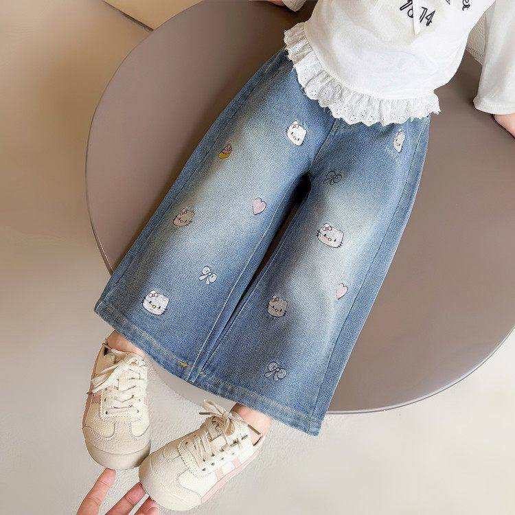 韩系女童秋季新款长裤25新款卡通可爱刺绣kt猫阔腿宽松直筒牛仔裤,淘宝优惠券,粉丝福利购,淘宝优惠卷