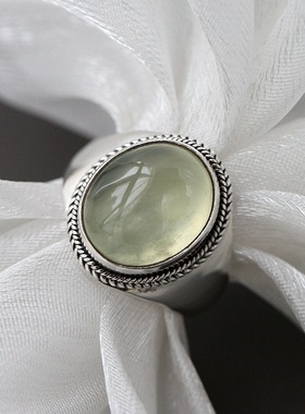 手工镶天然葡萄石复古银戒指民