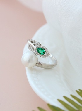 银宸首饰 镶绿锆石925纯银戒指 女士时尚天然淡水珍珠开口银戒子