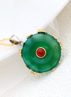 银宸首饰 镶天然绿玉髓925纯银吊坠宫廷复古平安扣气质女士银项坠