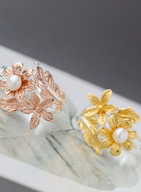 镶天然淡水珍珠开口银戒指925银