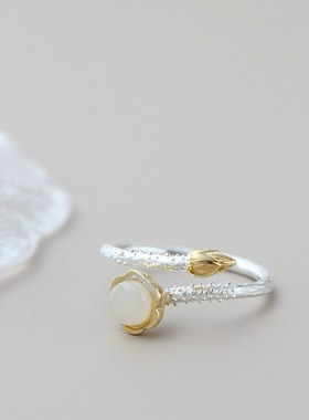 银宸首饰 镶天然和田玉手工银戒子 民族古典荷花女士925纯银戒指