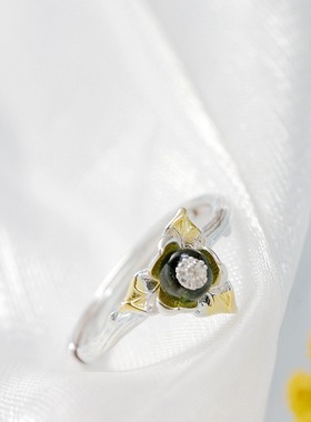 镶天然碧玺925纯银戒子时尚花