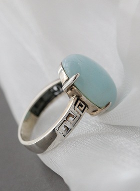 手工镶天然海蓝宝复古银戒指民