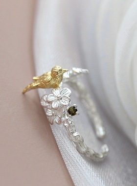 花枝小鸟女士开口银戒子手工镶