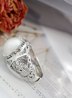 镶天然马贝珍珠925纯银戒指复古