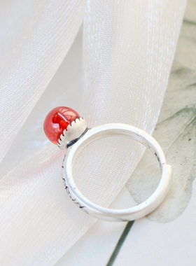 银宸首饰 民族风复古990纯银戒指 镶红锆石女士开口手工足银戒子