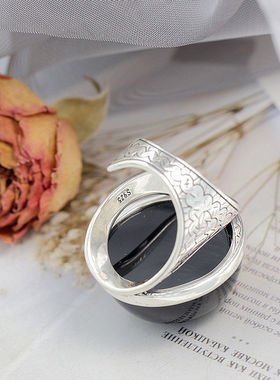 时尚大气925纯银戒指天然黑玛瑙