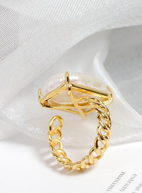 镶天然巴洛克珍珠925纯银戒子