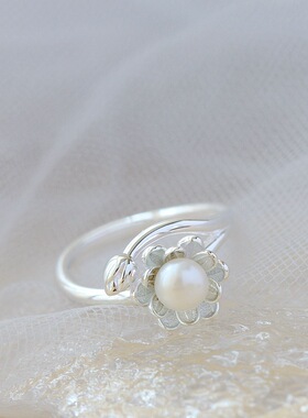 镶天然淡水珍珠925纯银戒指复古