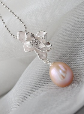 镶天然淡水珍珠925纯银莲花吊坠