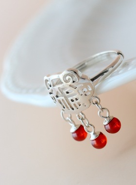 手工银古风福字小银锁925银戒指