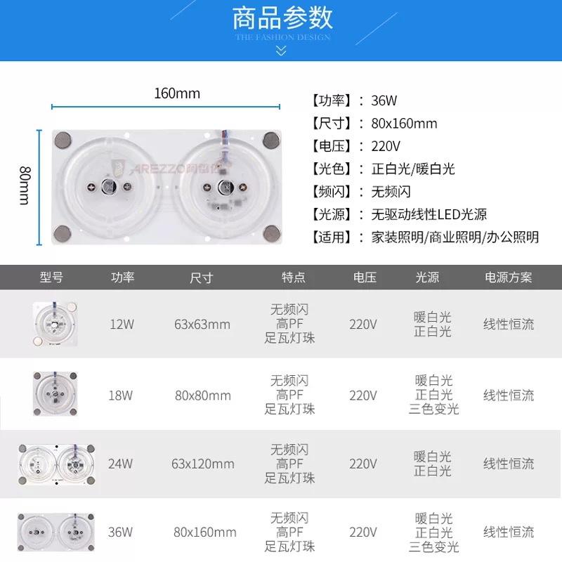 阿雷佐LED吸顶灯改造灯板小型12W灯泡灯贴光源模组方形6.3cm灯芯 - 图0