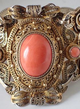 JK中国回流清末银鎏金掐丝绿松石红色蛋面手链 订金 实价中千私询