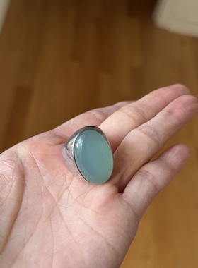 JK中古纯银镶嵌海蓝宝色蓝玉髓大蛋面戒指订金链接实价请私询