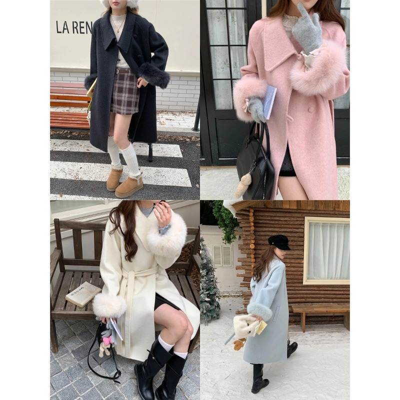 韩版高级新款 2025 可拆卸毛毛袖 韩系千金风羊毛双面呢大衣毛呢 - 图0