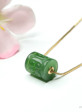 【喜爱】 天然和田玉碧玉路路通吊坠菠菜绿回纹珠项链HT1091409