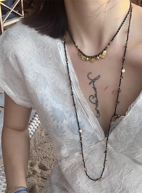 度假黑曜石串珠项链锁骨链希腊小众设计金色锤片毛衣链叠戴长项链