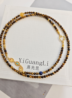 美拉德天然虎眼石项链新中式毛衣链黄金吊坠挂链复古颈链闺蜜礼物