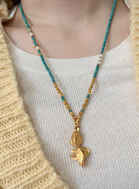 黄金吊坠锦鲤金鱼绿松石万能链