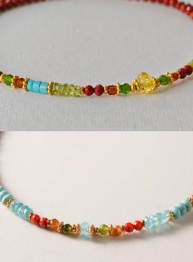 新中式国风南红项链橄榄石串珠毛衣链敦煌色蓝磷灰小众纯银锁骨链