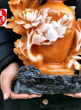 仿福建寿山石雕石粉合成花瓶摆件荣华富贵大摆件家居摆件客厅装饰