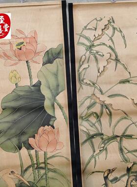 仿古画名人字画国画客厅装饰做旧挂画卷轴潘天寿荷花鸟四条屏
