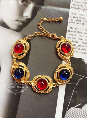 欧美复古红蓝色琉璃项链手链耳环