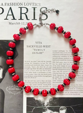 欧美宫廷中古vintage复古气质红色南瓜琉璃珠短款项链耳环手链女