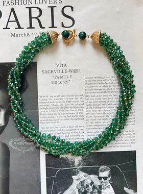 欧美宫廷风中古vintage复古气质绿色水晶串珠短款项链流苏耳环女