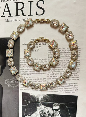 欧美宫廷风vintage复古气质几何做旧方形锆石闪钻项链耳环手链女