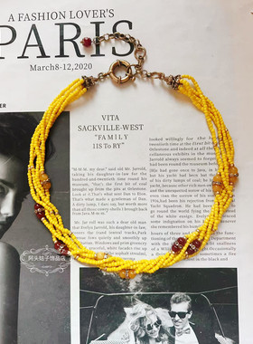 欧美vintage宫廷中古复古气质黄色天然石串珠多层项链琉璃耳环女