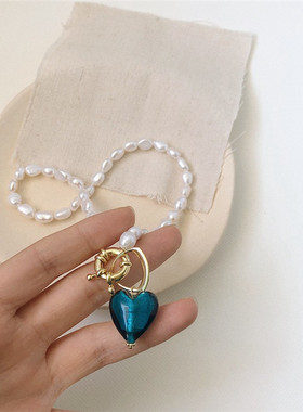 蓝色琉璃爱心短款淡水珍珠项链