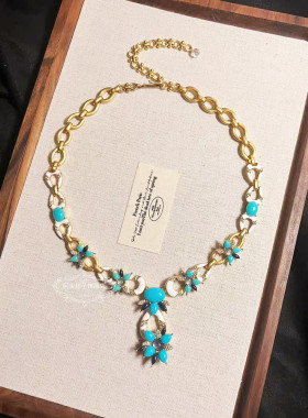 欧美宫廷中古vintage复古气质铜镀金做旧蓝色琉璃花朵项链耳环女