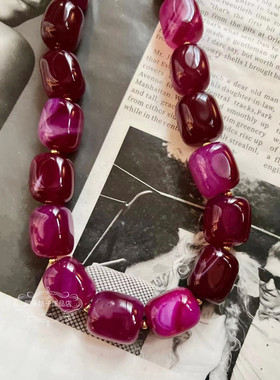 欧美宫廷中古vintage复古气质玛瑙天然石串珠短款项链琉璃耳环女