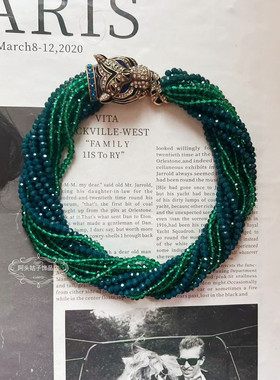 欧美中古vintage复古豹子头绿色水晶串珠多层短款项链手链耳环女