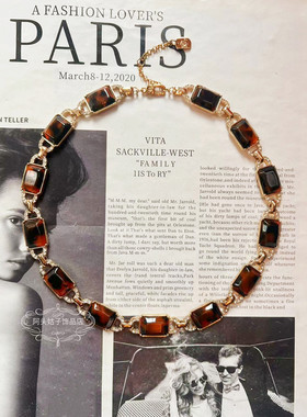 欧美宫廷中古vintage复古气质长方形豹纹醋酸玳瑁闪钻项链耳环女