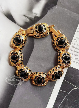 欧美中古风vintage复古气质黑色琉璃几何方形金属短款项链手链女