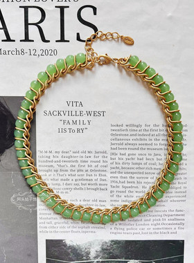 宫廷风中古vintage复古气质浅绿色天然石编织金属项链手链耳环女