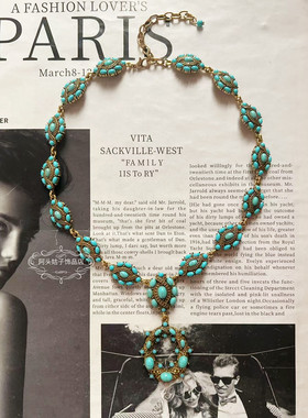 欧美宫廷风中古vintage复古气质椭圆蓝色松石做旧短款项链耳环女